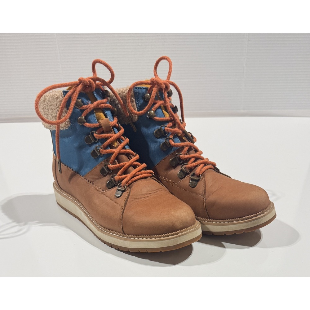 TOMS Mesa Waterproof Boots Tan Blue Faux Shearling Lace Up Hiking - Women's 8